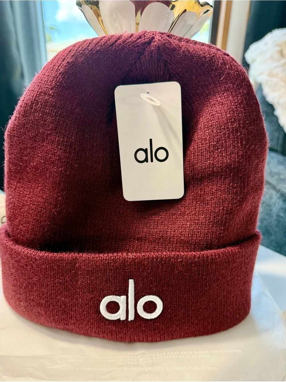 ALO Yoga Maroon Ribbed Beanie with White Logo